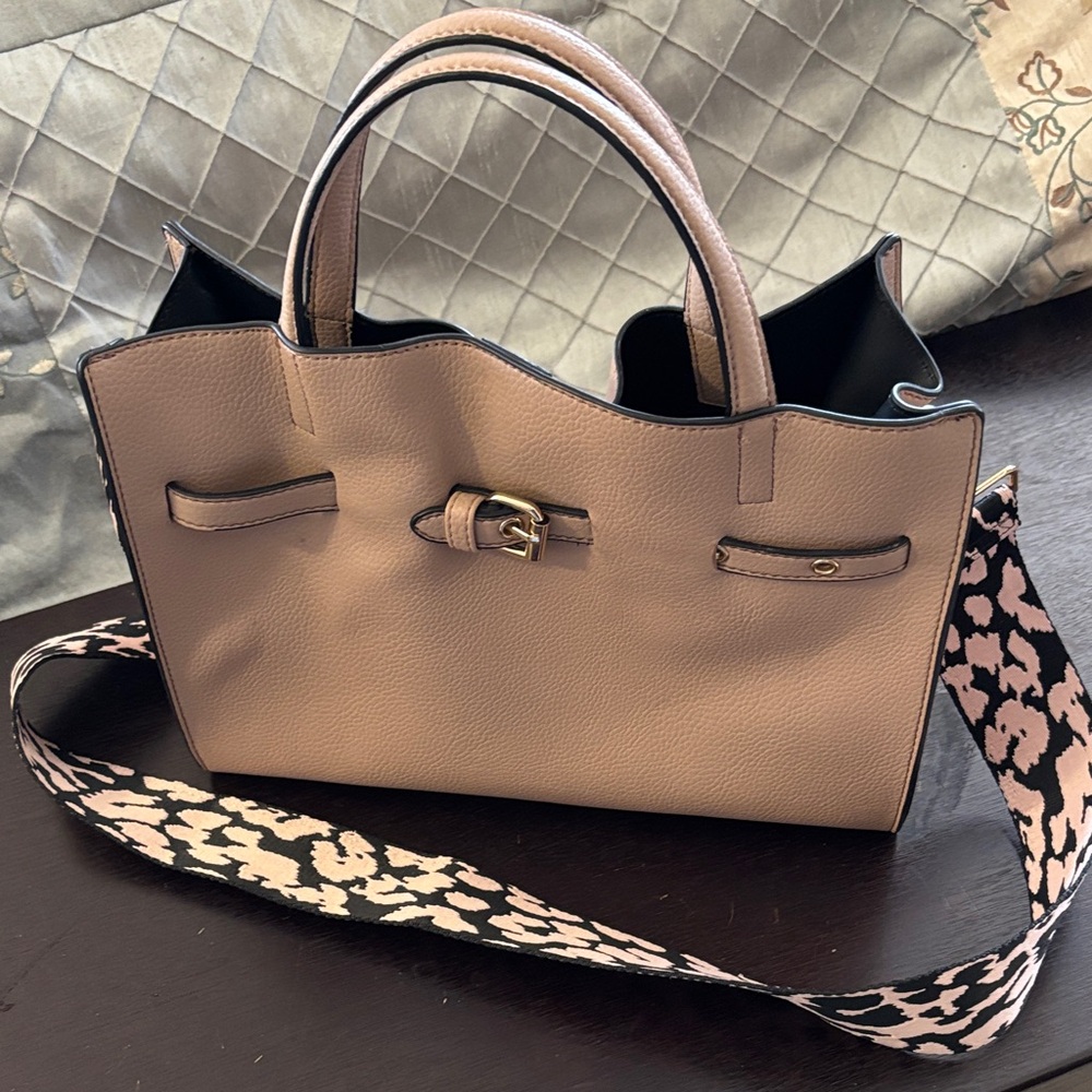 Women’s Taupe Leather Tote Bag with Patterned Strap